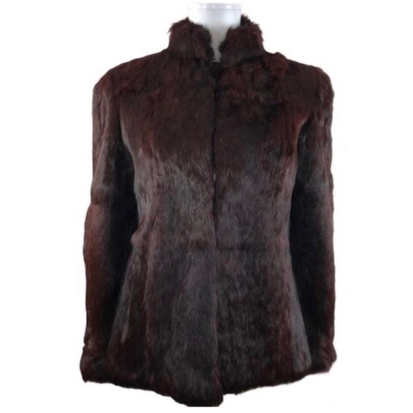Rabbit Fur Vintage Burgundy Standing Collar Coat - Picture 2 of 10